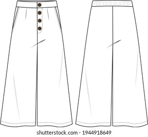 Women's Button-up, Crop Wide Leg Trousers. Trousers technical fashion illustration with elastic waistband detail. Flat apparel trousers template front and back, white colour. Women's CAD mock-up.