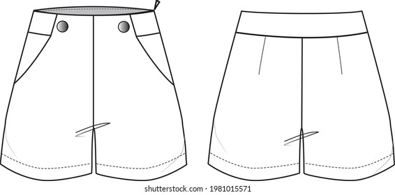 Women's Button-up Shorts. Shorts technical fashion illustration with side pockets. Flat apparel shorts template front and back, white colour. Women's CAD mock-up.