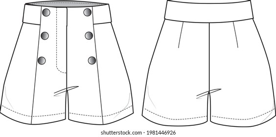 Frauenstockschieber Shorts technische Modegrafik mit Seitentaschen. Flaches Bekleidungsshorts Vorder- und Rückseite, weiße Farbe. Das CAD-Modell für Frauen.