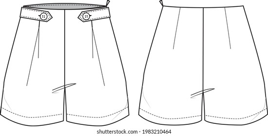 Women's Button-up Shorts. Shorts technical fashion illustration. Flat apparel shorts template front and back, white color. Women's CAD mock-up.