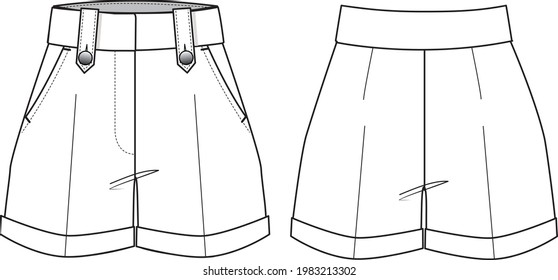 Women's Button-up Shorts. Shorts technical fashion illustration with side pockets. Flat apparel shorts template front and back, white colour. Women's CAD mock-up.