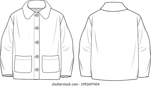 Women's Button-up Teddy Coat. Coat technical fashion illustration. Flat apparel coat template front and back, white colour. Women's CAD mock-