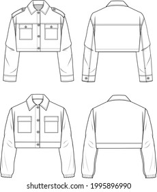 Women's Button-up, Trucker Crop Jacket Set. Jacket technical fashion illustration. Flat apparel jacket template front and back, white color. Women's CAD mock-up.