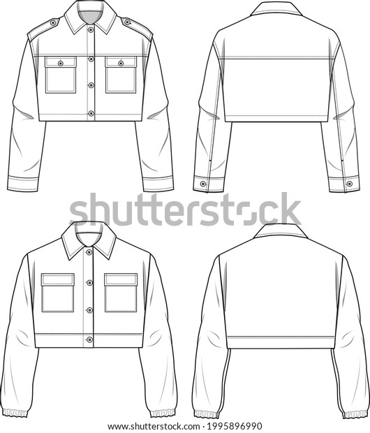 Women\'s Button-up, Trucker\
Crop Jacket Set. Jacket technical fashion illustration. Flat\
apparel jacket template front and back, white color. Women\'s CAD\
mock-up.