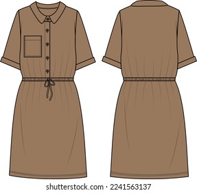 Women's Button-up, Utility Shirt Dress - Shirt Dress technical fashion illustration. Flat apparel dress template front and back, beige color. Women's CAD mock-up.
