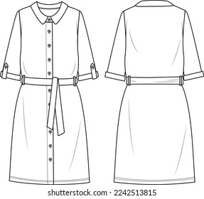 Women's Button-up, Utility Shirt Dress - Shirt Dress technical fashion illustration. Flat apparel dress template front and back, white color. Women's CAD mock-up.
