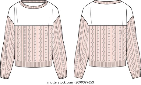Women's Cable Colour-block Sweater- Sweater technical fashion illustration. Flat apparel sweater template front and back, colored. Women's CAD mock-up.