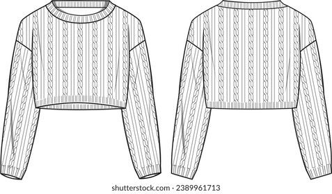 Women's Cable, Crop Jumper. Technical fashion illustration. Front and back, white color. Women's CAD mock-up.