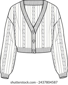 Women's Cable Cropped Cardigan. Technical fashion illustration. Front, white color. Women's CAD mock-up.