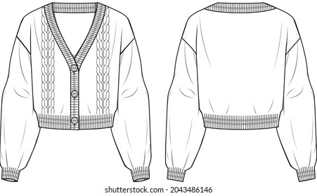 Women's Cable Detail Cropped Cardigan. Cardigan technical fashion illustration. Flat apparel cardigan template front and back, white colour. Women's CAD mock-up.