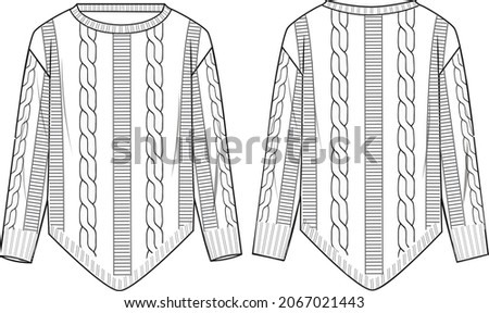 Women's Cable Dippy Hem Sweater- Sweater technical fashion illustration. Flat apparel sweater template front and back, black and white colour. Women's CAD mock-up.