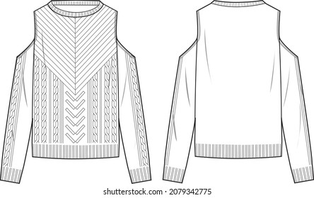 Women's Cable Front Cold Shoulder Sweater- Sweater technical fashion illustration. Flat apparel sweater template front and back, white colour. Women's CAD mock-up.