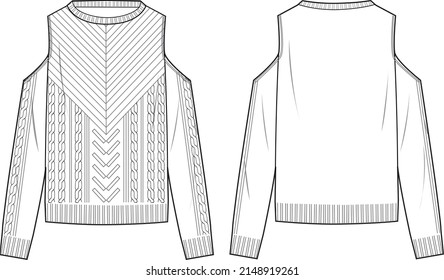 Sudadera de hombro frío del frente del cable de las mujeres - Dibujo de moda técnica de suéter. Plantilla de suéter de prendas planas, frontal y posterior, de color blanco. Burla de CAD de mujeres.