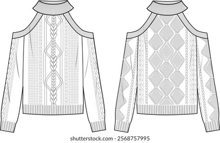 Women's Cable Front Cold Shoulder Jumpers. Technical fashion illustration. Front, white colour. Women's CAD mock-up.