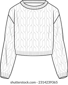 Women's Cable Front Cropped Jumper. Technical fashion illustration. Front, white color. Women's CAD mock-up.