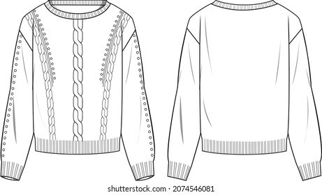 Women's Cable Front Detail Sweater- Sweater technical fashion illustration. Flat apparel sweater template front and back, white colour. Women's CAD mock-up.