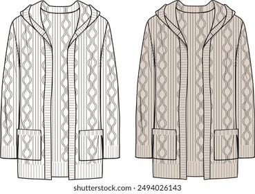 Women's Cable Hooded Cardigan. Technical fashion illustration. Front, white and beige colour. Women's CAD mock-up.