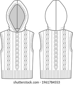 Women's Cable Hooded Vest- Vest technical fashion illustration. Flat apparel vest template front and back, white colour. Women's CAD mock-up.