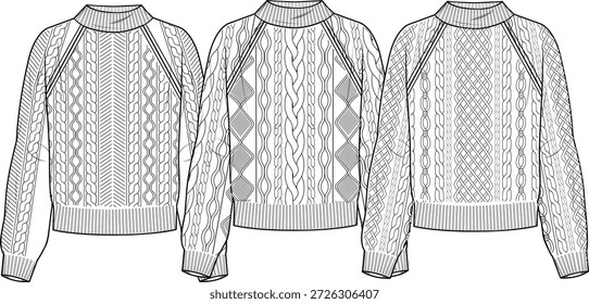 Puente de cable de las mujeres en 3 diferentes estilo de cable- Ilustración de moda técnica de puentes. Plantilla de jersey plana delante y detrás, color blanco. Maqueta de CAD para mujer.
