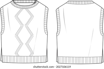 Women's Cable Knit Crop Vest- Vest technical fashion illustration. Flat apparel vest template front and back, white colour. Unisex CAD mock-up.