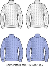 Women's Cable Knit Sweater. Front And Back. Knitwear. Vector Illustration.