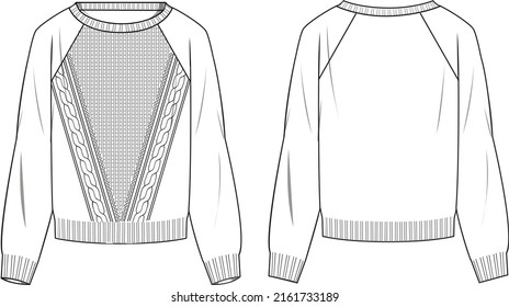 Women's Cable Raglan Sleeve Sweater- Sweater technical fashion illustration. Flat apparel sweater template front and back, white colour. Women's CAD mock-up.