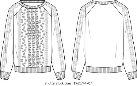 Women's Cable Sweater- Sweater technical fashion illustration. Flat apparel sweater template front and back, white colour. Women's CAD mock-up.