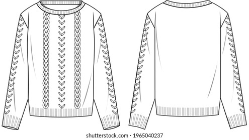 Women's Cable Sweater- Sweater technical fashion illustration. Flat apparel sweater template front and back, white colour. Women's CAD mock-up.