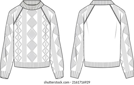 Women's Cable Sweater- Sweater technical fashion illustration. Flat apparel sweater template front and back, white colour. Women's CAD mock-up.