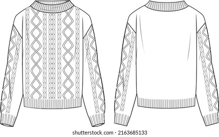 Women's Cable Sweater- Sweater technical fashion illustration. Flat apparel sweater template front and back, white colour. Women's CAD mock-up.