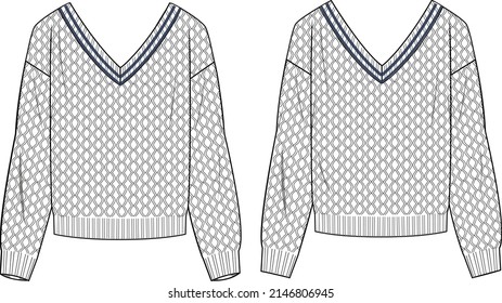 Women's Cable V-Neck Sweater. Sweater technische Modegrafik. Flaches Bekleidungspult, Vorder- und Rückseite, weiße Farbe. Das CAD-Modell für Frauen.