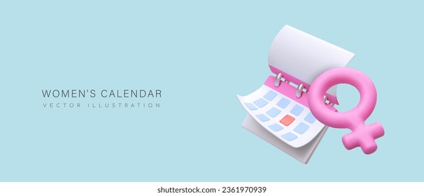 Womens calendar. Menstrual cycle tracking. Marks in calendar about period. Red day. Ovulation, menstruation. Health care. Advertising poster of female application