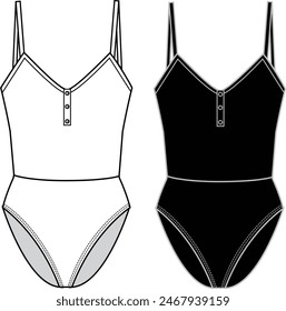 Women's Cami Bodysuit. Technical fashion illustration. Front, white and black color. Women's CAD mock-up.