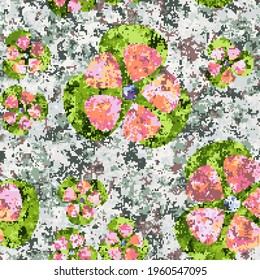 Women's camouflage. Flowers. Pixel texture. Brown, gray, green, pink, purple. Editable. Seamless.