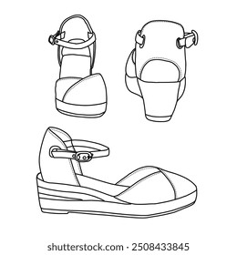 Women's Canvas Low Wedges with Ankle Strap Sandals Line art,Technical sketch hand drawing outline vector doodle illustration various view isolated on white background