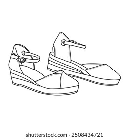 Women's Canvas Low Wedges with Ankle Strap Sandals Line art,Technical sketch hand drawing outline vector doodle illustration side view isolated on white background