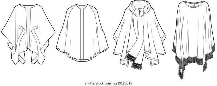 womens cape ponchos fashion flat sketch vector illustration technical drawing template