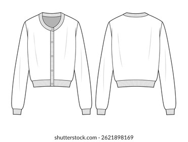 Women's cardigan front and back view mockup template vector design technical illustration.