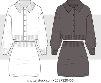 Women's cardigan sweatshirt and mini skirt Set. Technical fashion illustration, drawing. Flat apparel set template ,Women's CAD mock-up.