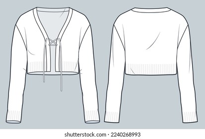 Women's Cardigan technical fashion illustration. Cropped knit Cardigan fashion flat technical drawing template, v neck, long sleeve, lace-up, front and back view, white, CAD mockup.