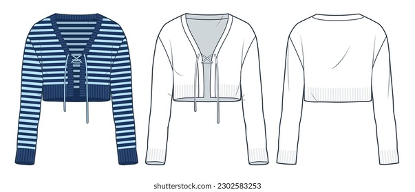 Women's Cardigan technical fashion illustration, blue striped design. Cropped knit Cardigan fashion flat technical drawing template, v neck, lace-up, front and back view, white, women CAD mockup set.