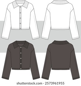 Women's Cardigan technical fashion illustration. Sweater fashion flat technical drawing template, polo collar, wide sleeves, buttons, casual, front and back view, white, women's, unisex CAD mockup