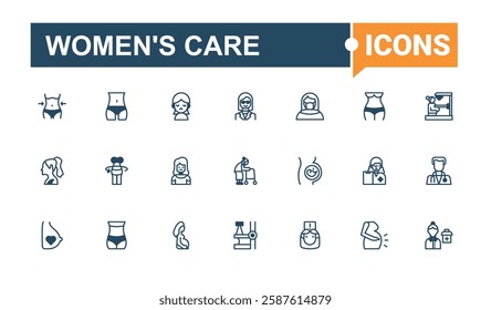 Women's Care icon set. Includes thin line health, veg, man, style, gym, beauty, breast and more. Minimalistic icons. Editable vector outline and solid icons.