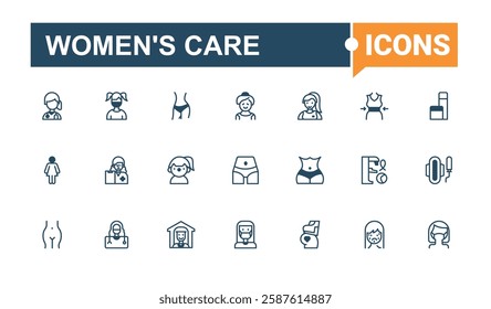 Women's Care icon set. Includes thin line health, veg, man, style, gym, beauty, breast and more. Minimalistic icons. Editable vector outline and solid icons.