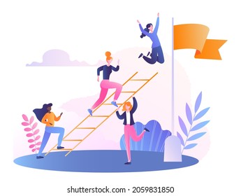 Womens career concept. Successful workers, equality concept, feminism. Business achievements, career ladder, goals, motivational. Cartoon flat vector illustration isolated on white background