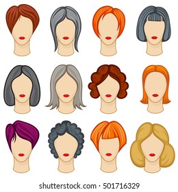 Womens cartoon hair vector hairstyles collection. Fashion haircut, hairdo trendy design illustration