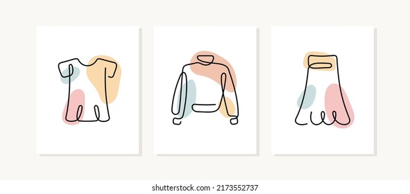 Women's casual clothing continuous line posters. Basic garments, t-shirt, jumper, skirt illustrations.