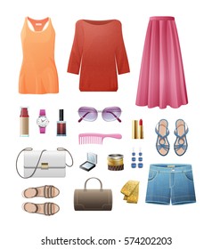 Women's casual important outfits set on white. Orange singlet, ruddy blouse, rosy skirt, white handbag, jeans shorts, blue summer shoes and earrings, brown bag and sandals, pink comb vector set