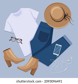 Womens casual outfit. Fashion set of lady's clothes, and accessories. T-shirt, jeans, hat, ankle boots, glasses, phone with a headset. Instagram style flat lay illustration. Top-down view. 