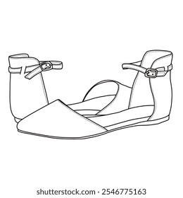 El ballet liso puntiagudo casual de las mujeres Confort Soft Slip On Flats Shoes Line art, bosquejo técnico dibujando a mano contorno Vector doodle lado y vista posterior aislados sobre fondo blanco